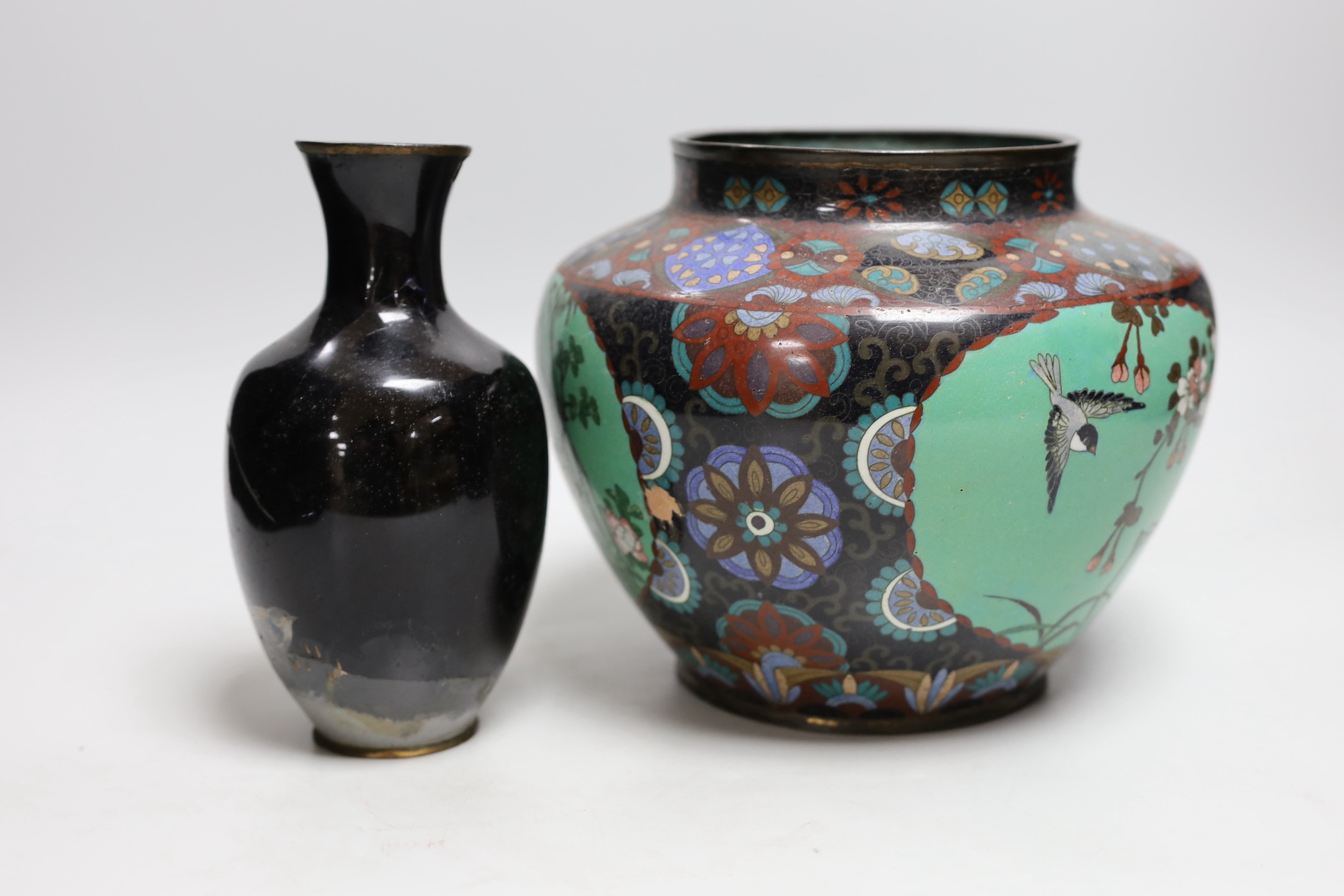 A Japanese cloisonné enamel vase and another smaller vase. Tallest 18cm